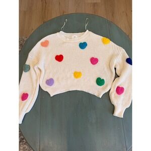Luna Ivy Cream Cropped Knit Sweater Colorful Crochet Hearts XS STA2544